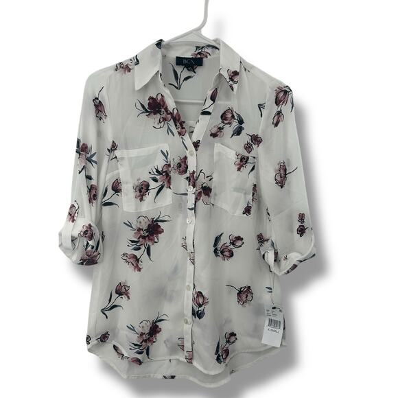 NEW Macy's BCX White Floral Blouse Size XS Business Casual Office Collared Top - Picture 1 of 7
